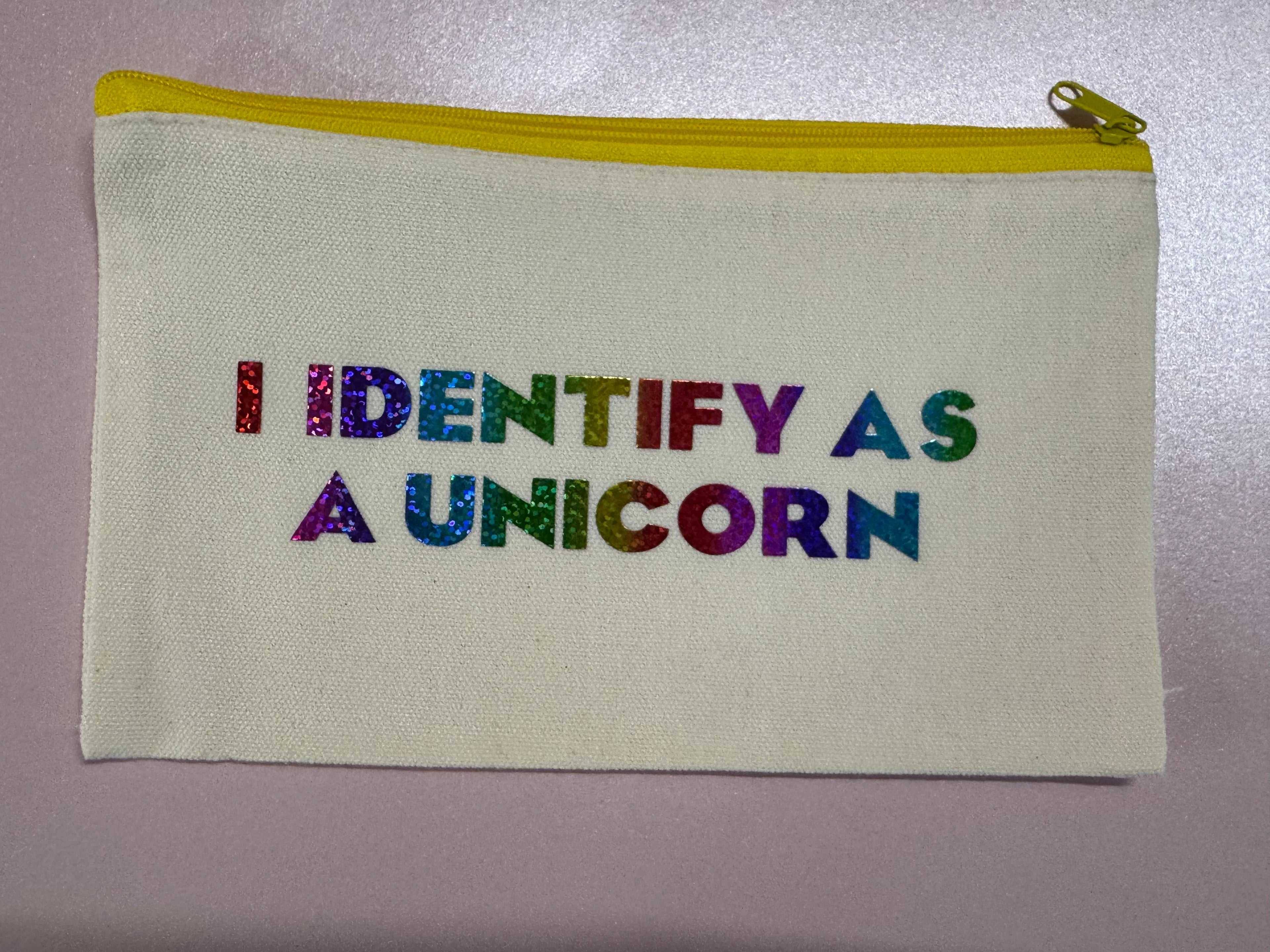 Vibrant White Canvas Tote Pouch – “I Identify as a Unicorn”