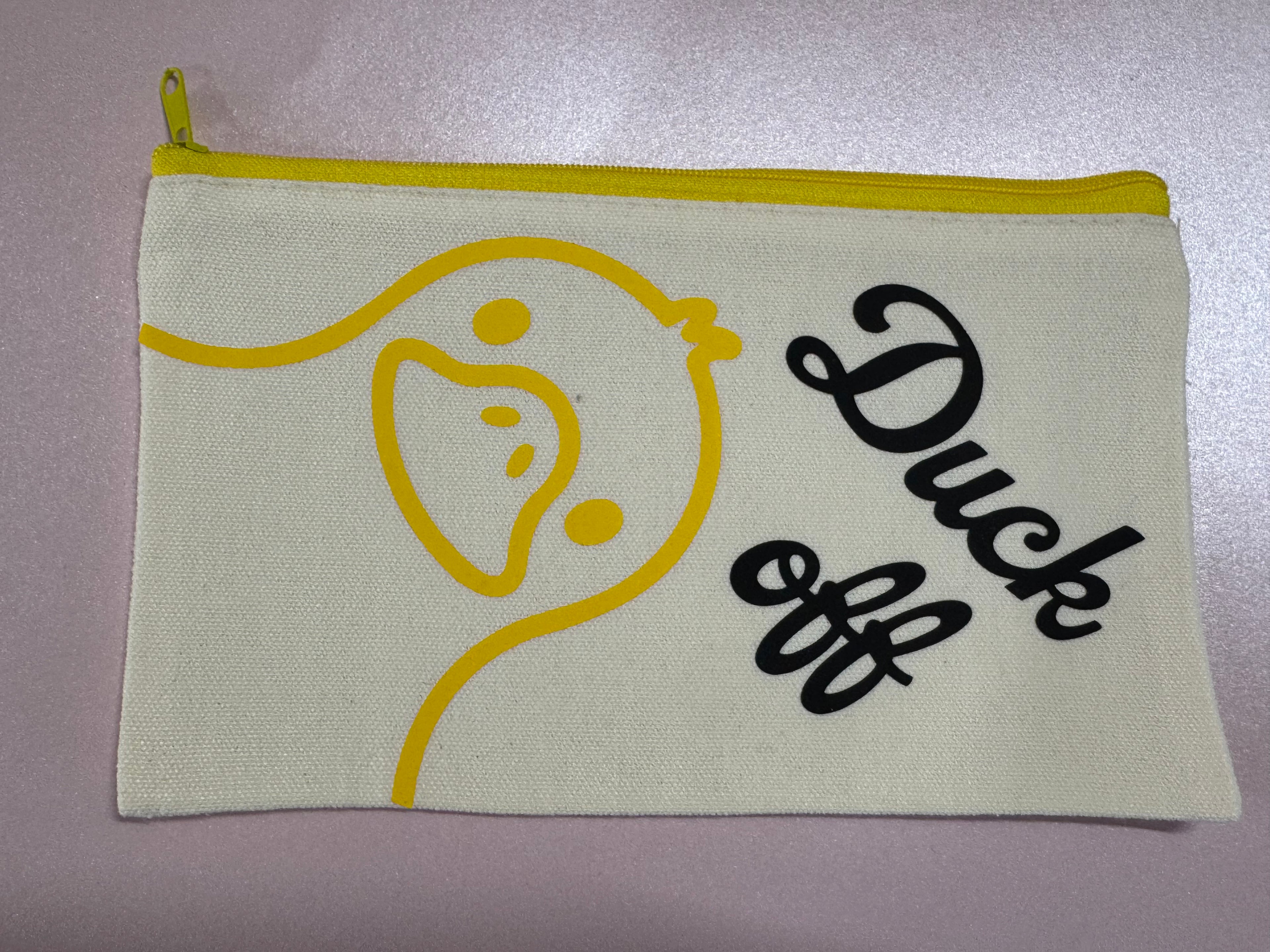 Playful White Canvas Tote Pouch – “Duck Off”