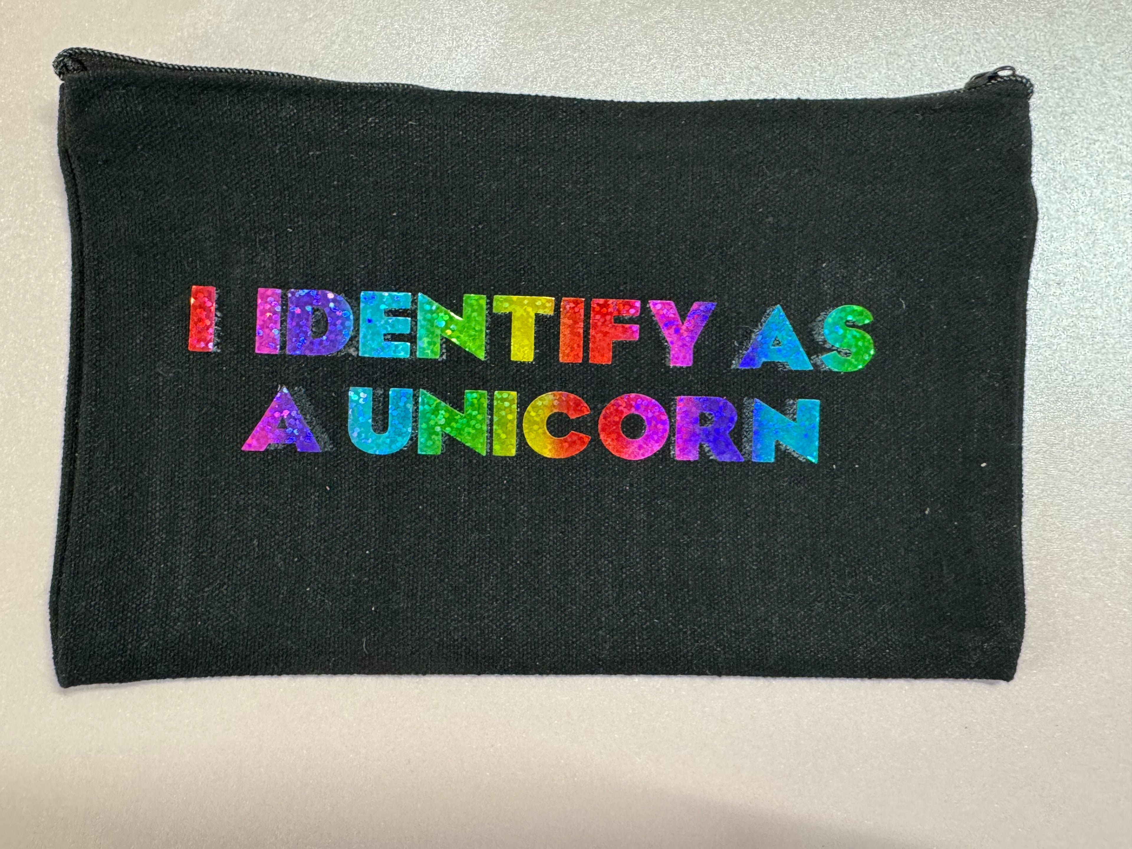 Luxe Black Canvas Zipper Pouch – “I Identify as a Unicorn”
